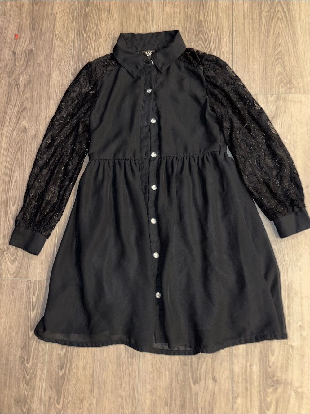 Girls' Black Diamond stud Button-Front Dress with Lace Sleeves